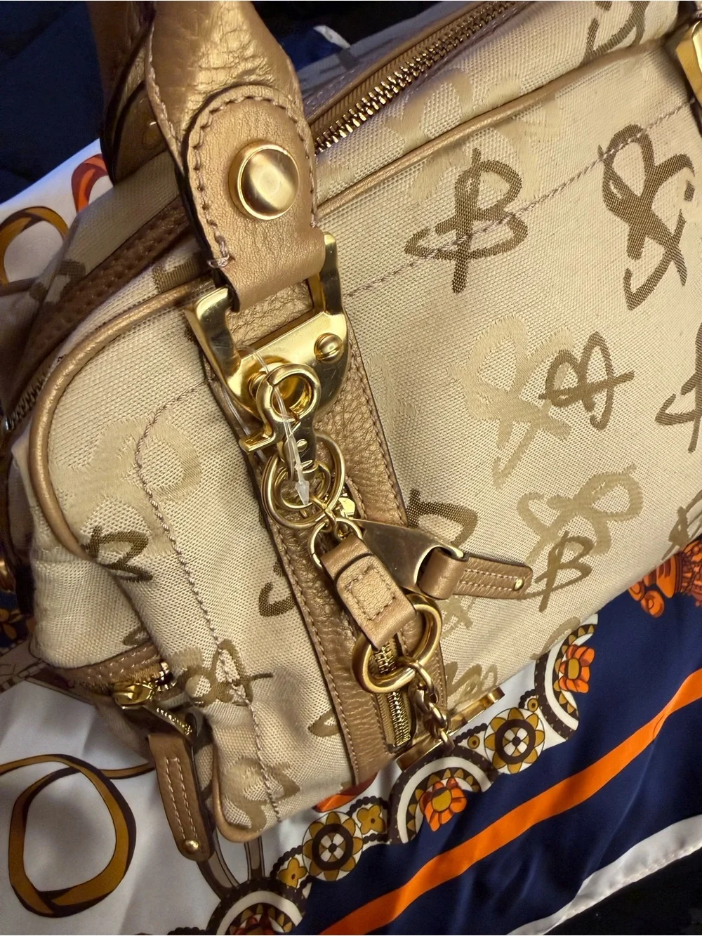 B. Makowsky  Beige Logo Satchel with Gold Accents